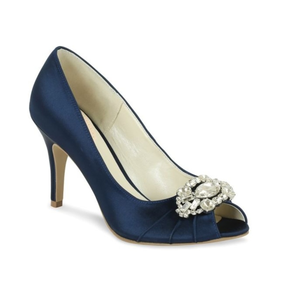Navy Satin Peep Toe Heels w/Ornate Crystal Detail
